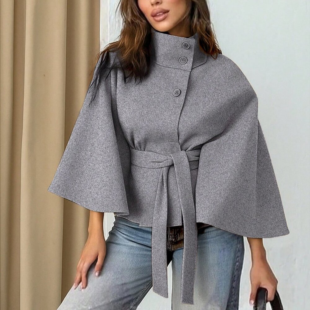 Gray Women's Elegant  Tie Waist Overcoat cloak Jacket